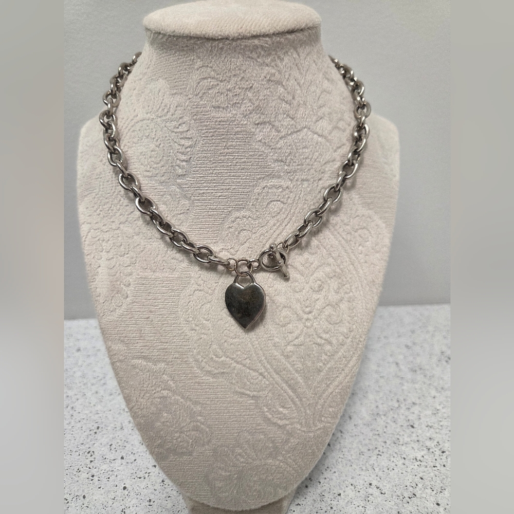 Silver Tone Toggle Chain Necklace with Heart Charm | Chunky Statement Jewelry
